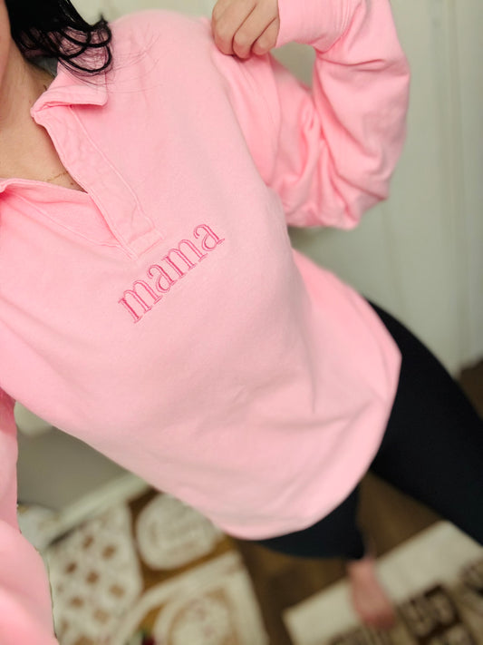 Embroidered Mama Cotton Pink Polo collar Sweatshirt