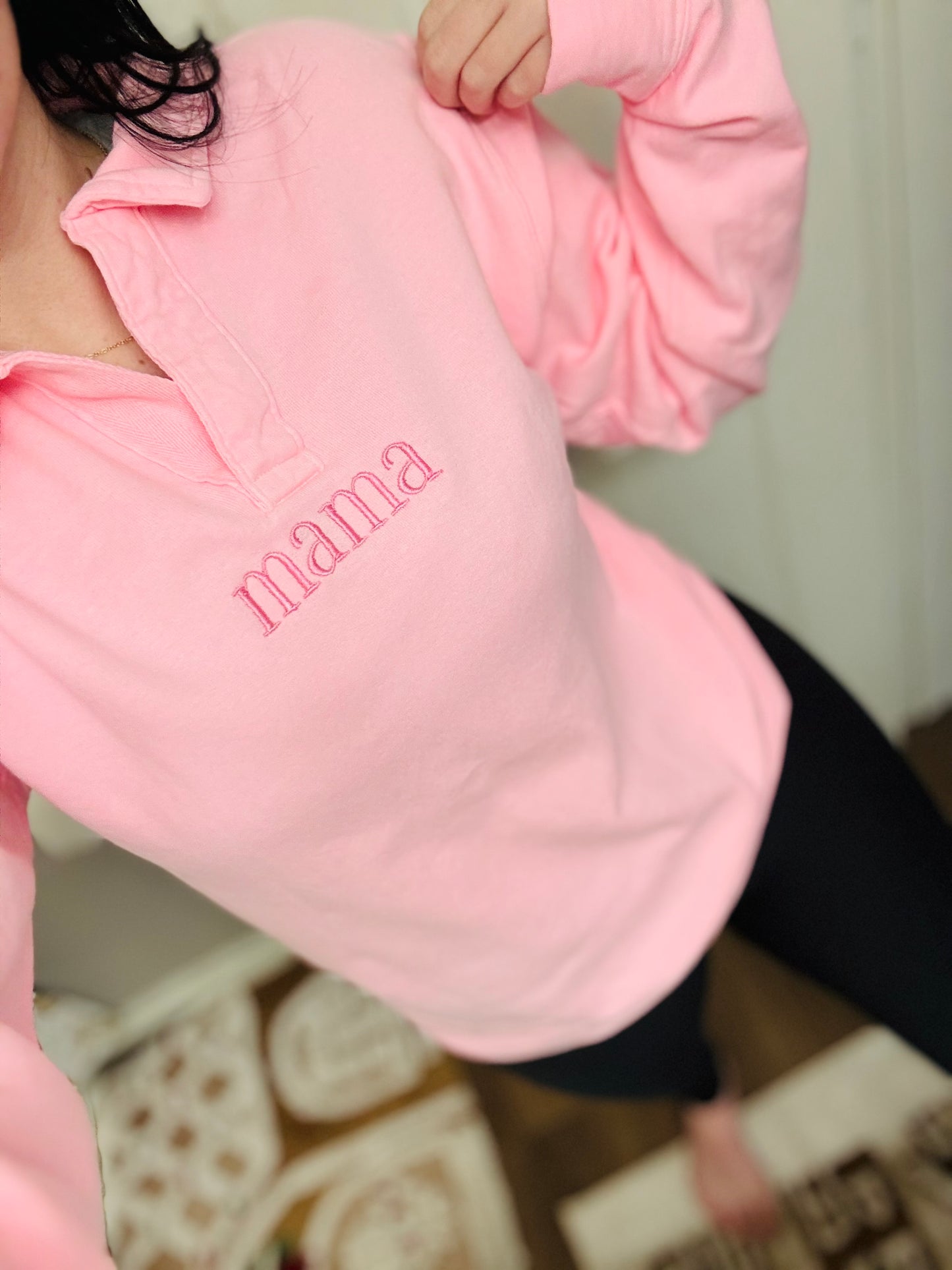 Embroidered Mama Cotton Pink Polo collar Sweatshirt